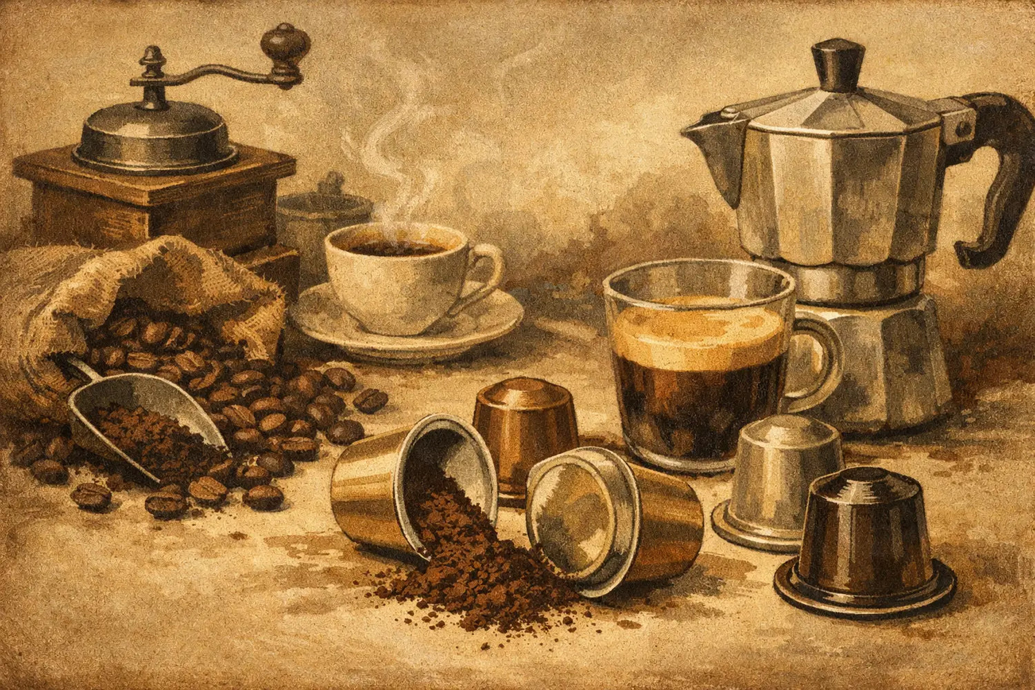 Koffiecapsules gemaakt van koffie uitgelegd
